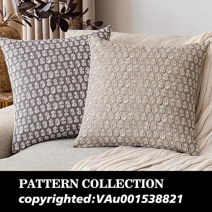 Foindtower Set of 2 Decorative Neutral Floral Print Throw Pillow Covers Vintage Accent Farmhouse Cushion Covers Boho Home Decor for Sofa Couch Chair Bedroom Living Room,20×20 Inch,Rustic Gray