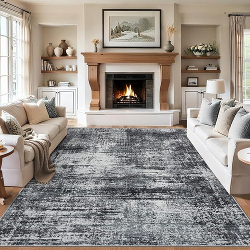 Area Rugs 9x12 Living Room - Washable Rug Modern Abstract Soft Large Neutral Non-Slip Carpet Indoor Floor Thin Carpets for Bedroom Dining Room Farmhouse Nursery Home Office Dark Black