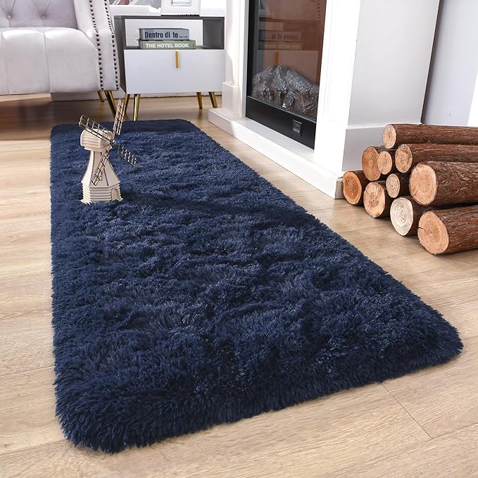 Chicrug Soft Runner Rugs for Bedroom Living Room Plush Fluffy Rug 3x10 Feet, Shag Furry Area Rug Carpet Non Shedding for Nursery Children Kids Girls Room Home Decorative, Navy Blue