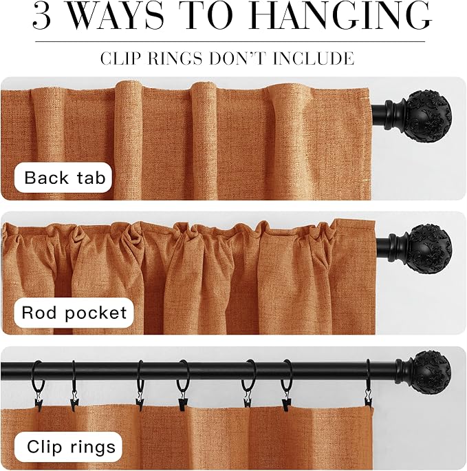 RYB HOME Burnt Orange Total Blackout Curtains Linen Texture, Fall Curtains for Bedroom/Living Room/Office, Thermal Insulated Boho Farhmouse Home Decor, Luxury Privacy Drapes, W52xL96, 2 Panels