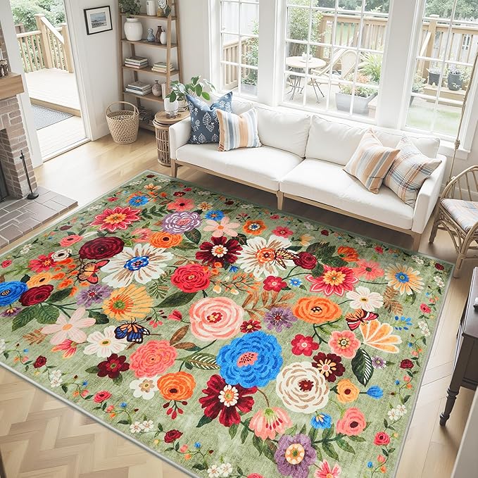 Washable Area Rug 8x10 Green, Large Soft Rugs for Living Room Floral Green Carpet 8x10 Area Rugs for Bedroom Dining Room Non-Slip Stain Resistant Under Table Rug (8 x 10, Green Garden)