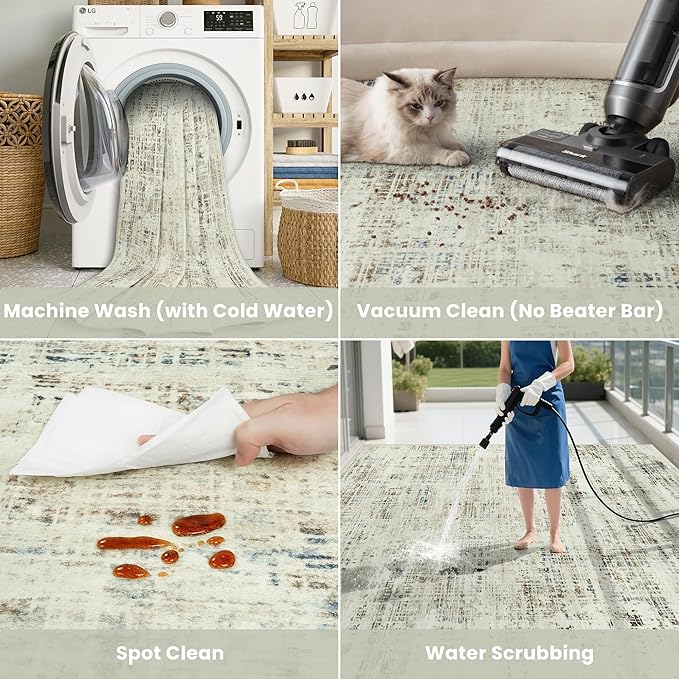 9x12 Area Rugs for Living Room Washable Rug: Anti-Skid Abstract Modern Living Room Rug Soft Thin Carpets Indoor Floor Non-Shedding Carpet for Bedroom Dining Farmhouse Nursery Gray White Blue