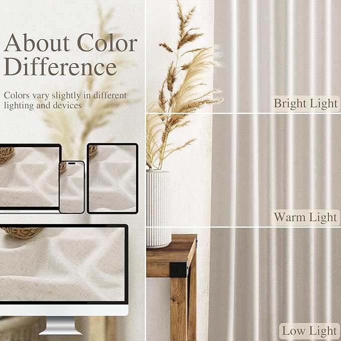 Nanspring Pearl White Linen Curtains 120 Inches Long for Living Room Light Filtering Semi Sheer Curtain Back Tab Coastal Decor Long Floor to Ceiling High Window for Bedroom Office 52x120, 2 Panels