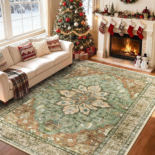 Area Rugs 6'x8' Washable Non-Slip, Floral Vintage Distress Print Pattern Medallion Carpet for Living Room Bedroom Dining Room, Brick Red Rust Neutral Brown Burnt Orange Green