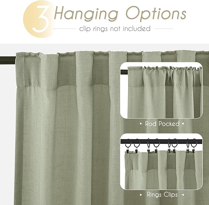 Linen Blend Sage Green Curtains 90 inch Length 2 Panels for Bedroom Back Tab Light Filtering Semi Sheer Drapes Linen Cotton Textured Light Green Airy Modern Farmhouse Living Room Sage Aesthetic Decor