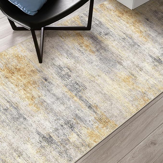 3x15 Washable Kitchen Runner Rug: Modern Abstract Runners for Hallway Soft Non Slip Rugs with Rubber Backing Low Pile Thin Waterproof Floor Carpet for Entryway Bedroom Bathroom Indoor 3x15 Grey/Yellow