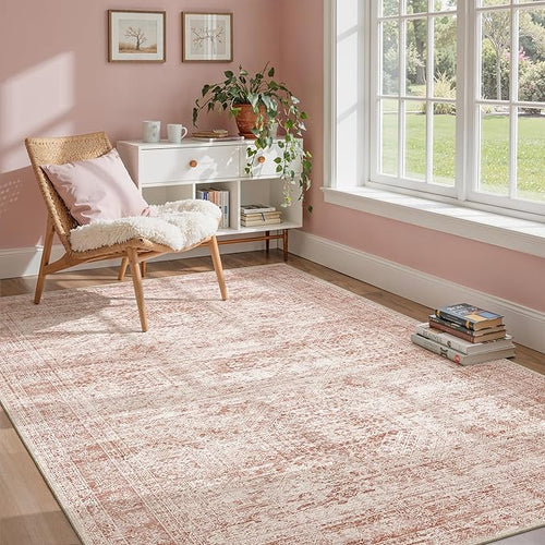 5x7 Area Rugs Pink Low Pile Indoor Washable Trendy Faded Style Rugs for Bedroom Living Room Dining Room Foldable Non-Slip Thin Print Mat