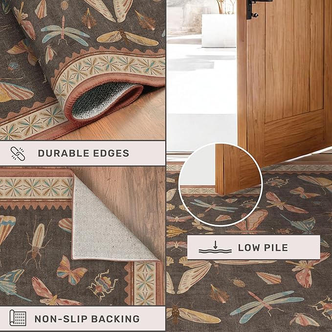 Boho Brown 3x5 Entryway Rugs Indoor - Farmhouse Kitchen Throw Area Rug, Insect Carpet for Bedroom, Mudroom, Laundry Room, Unique Home Décor, Low Pile & Soft Mat