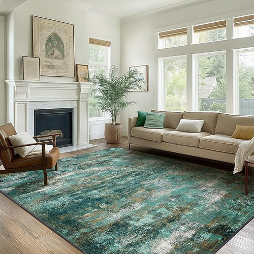 Area Rugs 5x8 for Living Room Bedroom, Modern Abstract Machine Washable Rug, Large Soft Low Pile Floor Carpet with Non Slip Backing for Dining Room, Turquoise