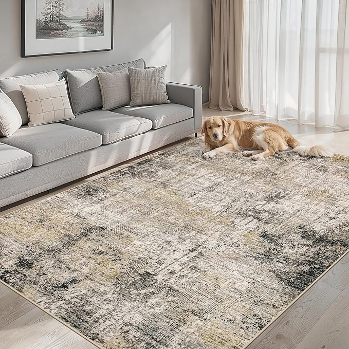 Area Rugs 10x14 Living Room - Washable Rug Modern Abstract Soft Large Neutral Non-Slip Carpet Indoor Floor Thin Carpets for Bedroom Dining Room Farmhouse Nursery Home Office Brown Black Grey
