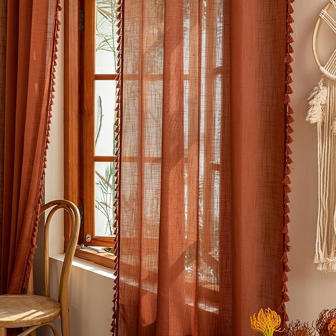 MYSKY HOME Bohemian Macrame Curtains 84 Inches Long for Living Room,Semi Sheer Light Filtering Privacy Drapes Farmhouse Coutry Home Decor for Bedroom, 50" W×84" L, Terracotta, 2 Panels