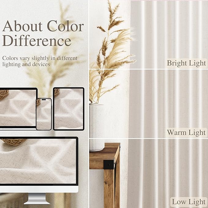 Nanspring Beige Linen Blend Light Filtering Curtains 86 Inches Long 2 Panel Set Pocket Back Tab Tan Beige Privacy Semi Sheer Decorative Decor Curtain Drapes for Bedroom Living Room 52x86