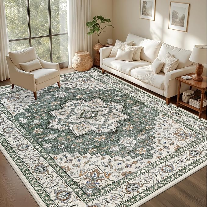 Area Rugs 9x12 Living Room Rug: Washable Rug Soft Vintage Boho Medallion Carpet Indoor Non-Slip Stain Resistant Large Carpets for Bedroom Dining Room Farmhouse Nursery Home Office Green Ivory