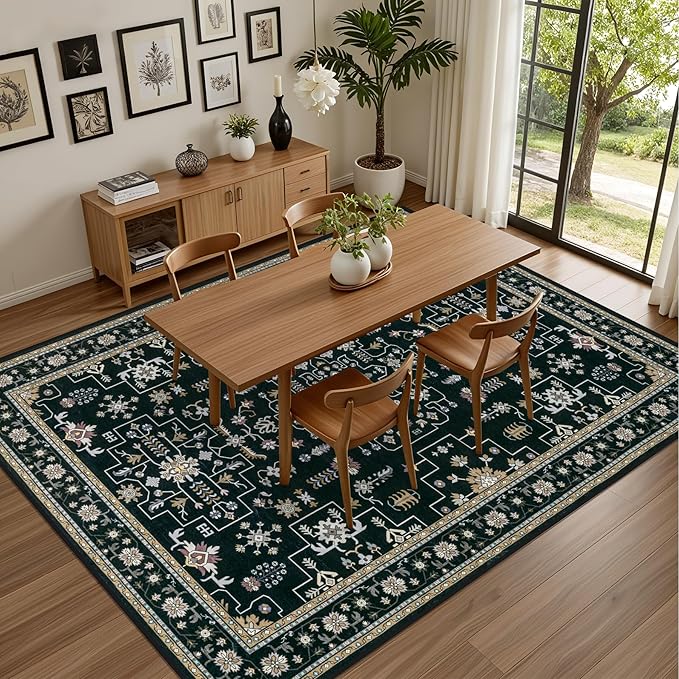 4x6 Area Rugs for Living Room: Washable Rug Soft Vintage Boho Medallion Carpet Indoor Floor Non-Slip Stain Resistant Large Carpets for Bedroom Dining Room Farmhouse Nursery Home Office Black