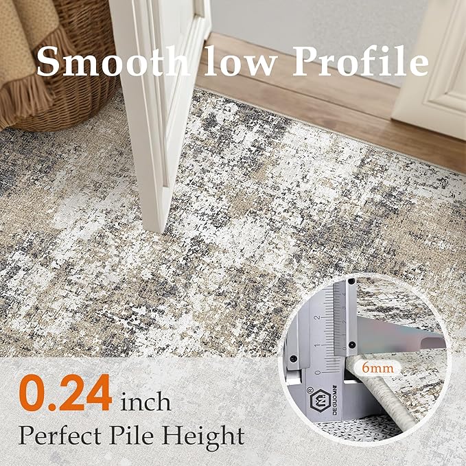 2x8 Abstract Runner Rug Brown Washable Modern Hallway Carpet Non Slip Ultra Soft Neutral Low Pile Contemporary Long Rug for Bathroom Laundry Kitchen Bedroom