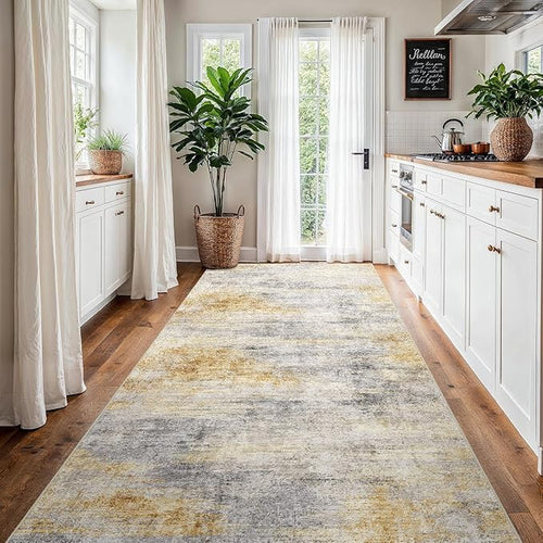 4x8 Washable Kitchen Runner Rug: Modern Abstract Wide Runners for Hallway Soft Non Slip Rugs with Rubber Backing Low Pile Thin Carpet for Entryway Bedroom Bathroom Laundry Indoor(Grey/Yellow,4x8)