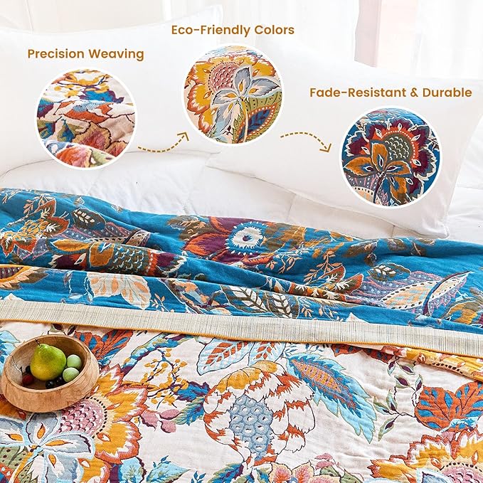 MSGKV Boho Throw Blanket 60"x80" Floral Cotton Blanket for Bed Couch Spring Breathable Lightweight Farmhouse Twin Blankets Home Decor Muslin All Seasons