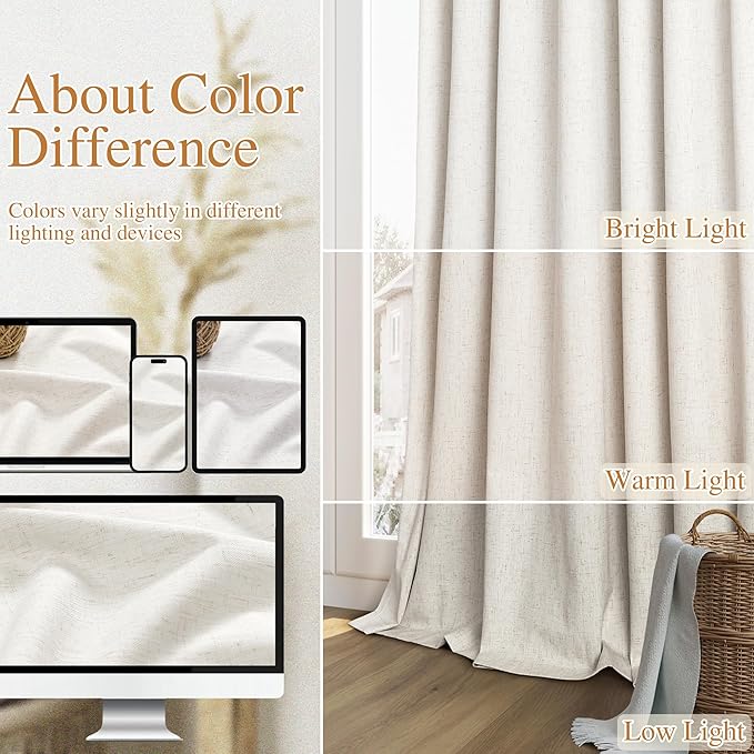 Beige White 100% Blackout Linen Curtains 84 Inch Length 2 Panels Set for Living Room Bedroom Back Tab Thermal Insulated Black Out Drapes Room Darkening Farmhouse Style for Bedroom Window Curtains
