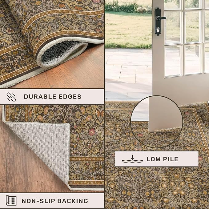 Non Slip 2x8 Gold Brown Long Runner Rug, Washable Runner Rug for Hallway, Bathroom, Entryway Rug, Stain Resistant Kitchen Floor Mat - Vintage Floral Indoor Décor, Low Pile Soft Carpet