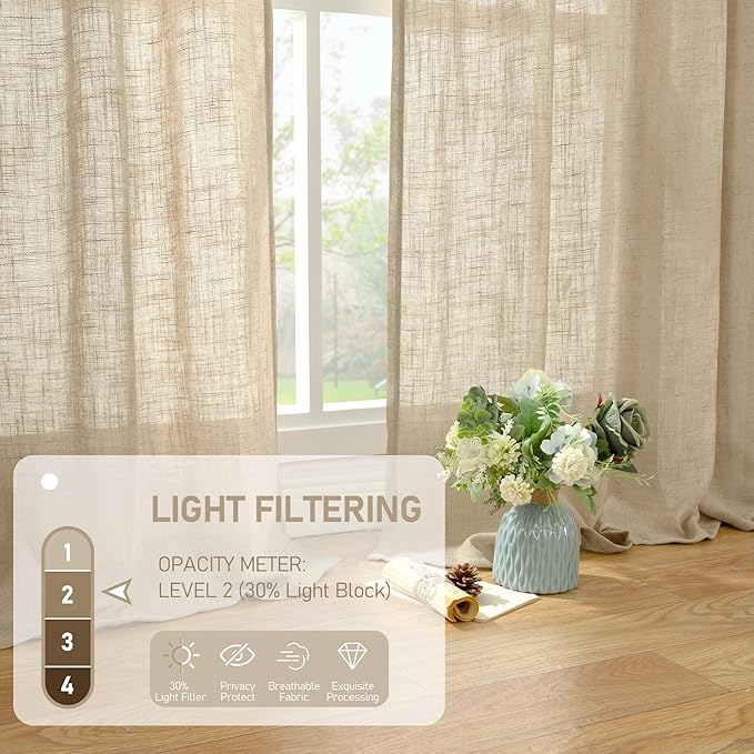 LAMIT Short Window Linen Curtains 36 Inch Length 2 Panels, Brown Light Filtering Panels Back Tab and Rod Pocket Neutral Drapes for Bathroom/Loft Room, 34 x 36 Inch