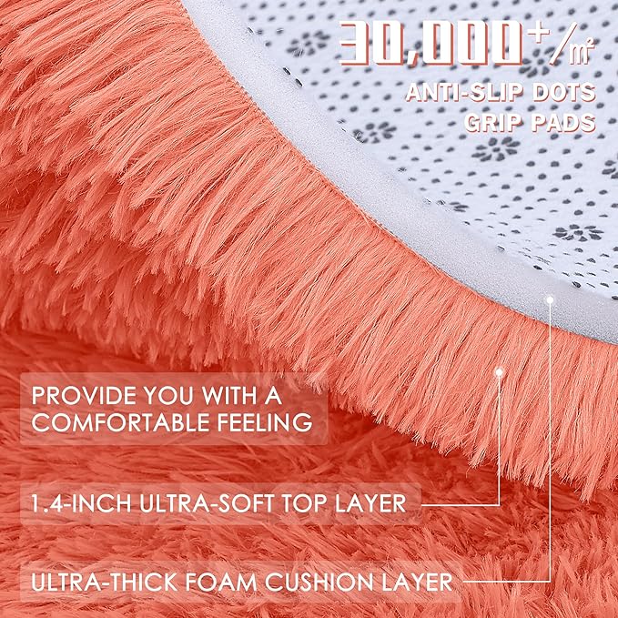 OLANLY Coral Red Round Rugs for Bedroom - Machine Washable, 9 ft Circle Area Rugs for Living Room, Soft and Fluffy Shaggy Carpet for Teen Girl and Boys, Nursery Rooms, Dorms, Home Decor Aesthetic