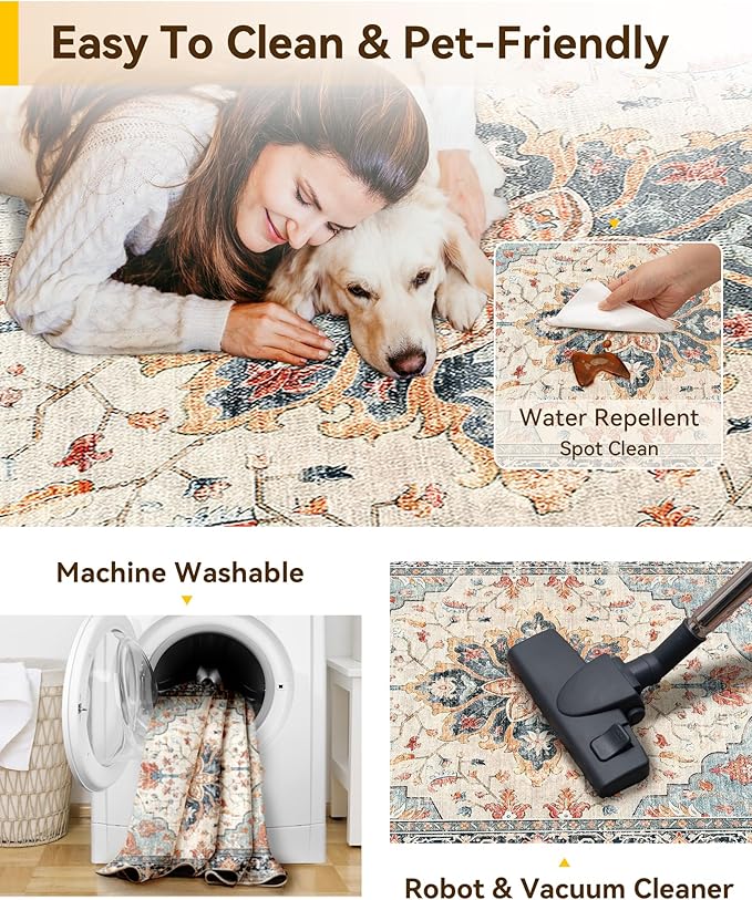 RELEANY Area Rugs 2'x3' Washable Non-Slip, Floral Vintage Distress Print Pattern Medallion Carpet for Living Room Bedroom Dining Room, Beige Navy Blue Orange Colorful