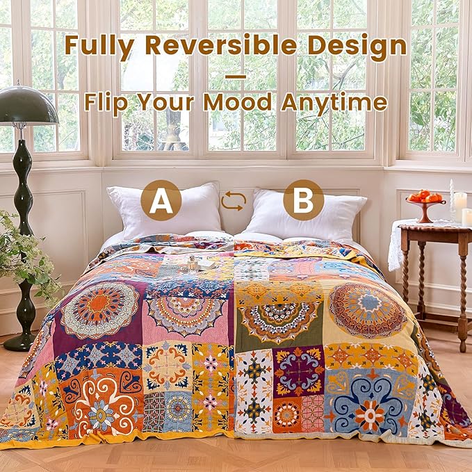 MSGKV Boho Throw Blanket for Couch 50"x60" 100% Cotton Blanket Spring Breathable Lightweight Blankets for Sofa Home Decor Muslin All Seasons
