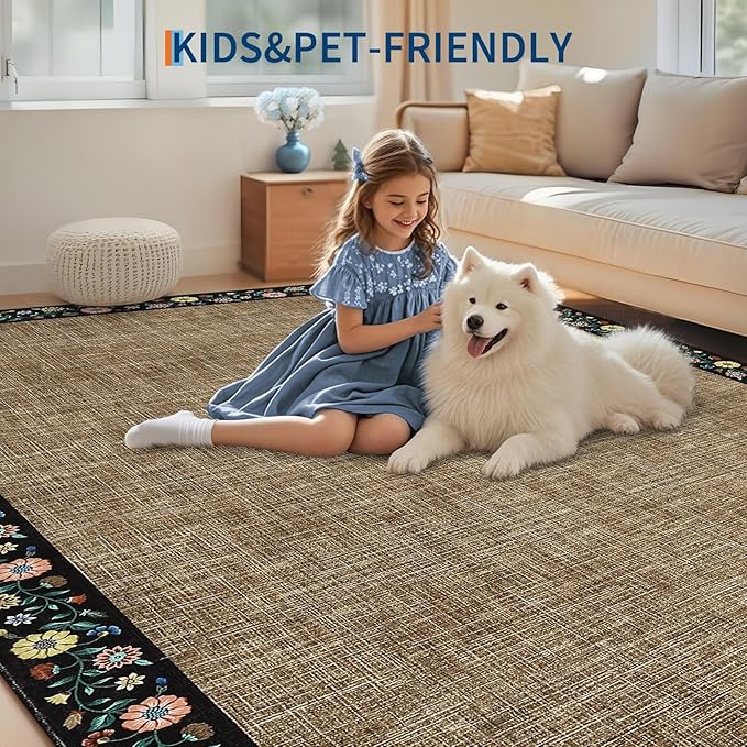 GarveeHome 4x6 Area Rugs for Bedroom Living Room Machine Washable Rugs Floral Bordered Small Carpet Non-Slip Stain Resistant Accent Carpet for Dining Room Table Apartment Office, Brown