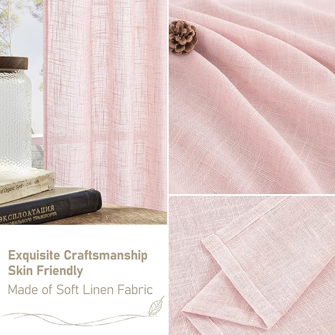 LAMIT 36 Inch Length Linen Curtains for Small Windows, Semi Sheer Light Filtering Panels Back Tab and Rod Pocket Country Decor Drapes for Basement/Kitchen, Pink, 2 Panels, 34 x 36 Inch