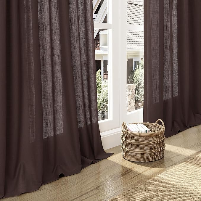 Coffee Linen Textured 96 Inch Curtains 2 Panel Set Back Tab Rod Pocket Sheer Light Filtering Boho Room Decor Aesthetic Curtains Burlap Look Curtain Drapes for Living Room Bedroom 8Ft 52x96 Inch