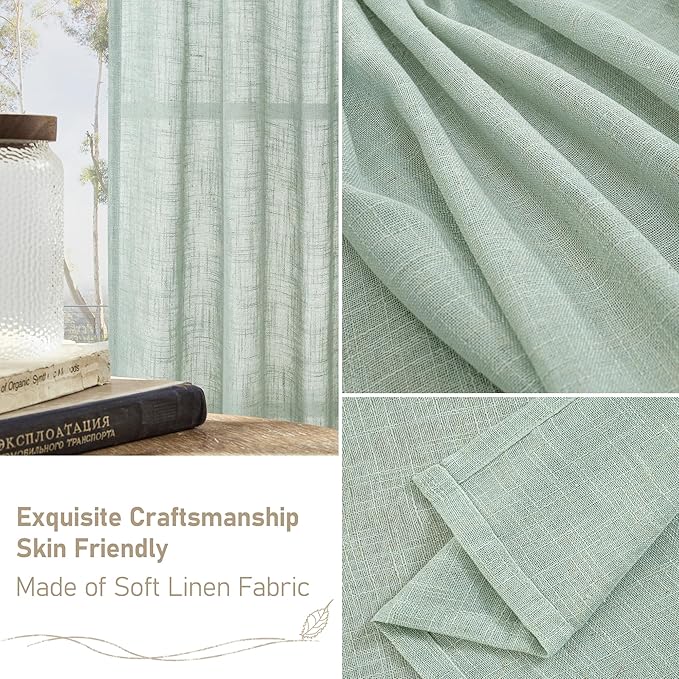 LAMIT Living Room Linen Curtains - 90 Inch, Back Tab & Rod Pocket, Light Filtering, Burlap Textured Sheer Curtains for Farmhouse, 2 Panels, 52 x 90 Inch, Light Sage