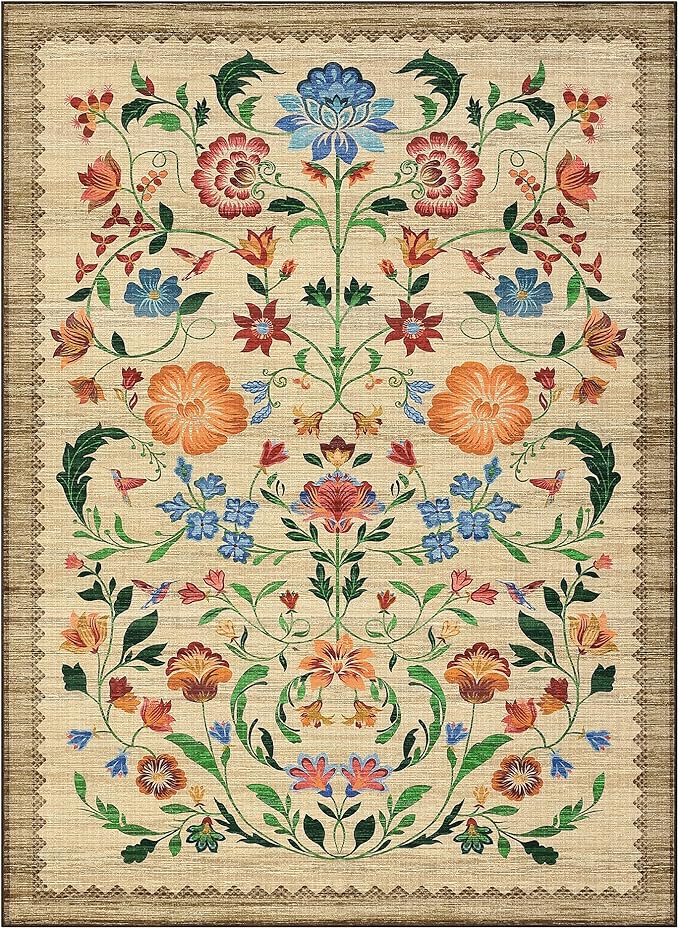 GarveeHome Washable Rug 4x6 Area Rugs for Living Room, Floral Rug for Bedroom, Soft Boho Non Slip Throw Rugs with Rubber Back, Low Pile Stain Resistant Vintage Floral Carpet for Dining Room, Beige