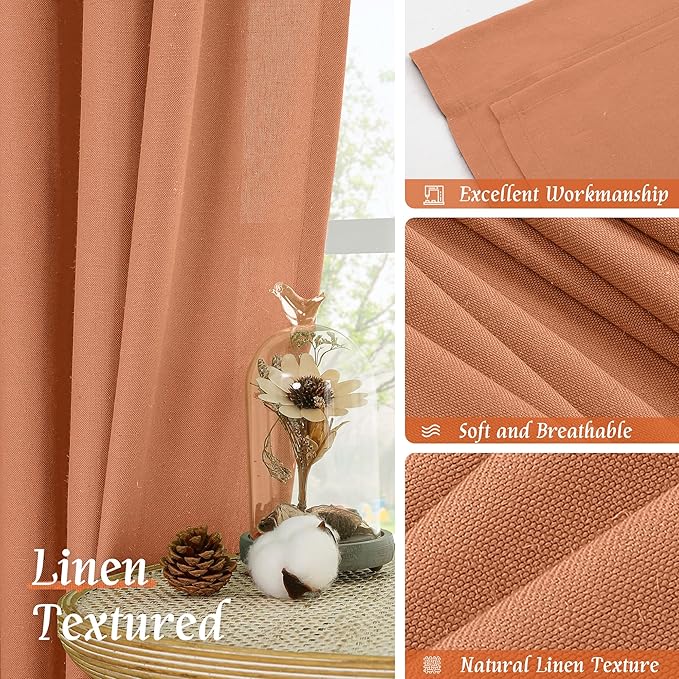 LAMIT Linen Blended Window Curtains 63 inch Length for Bedroom, Soft Thick Light Filtering Curtain Panles with Rod Pocket Privacy Drapes for Living Room, 2 Panels Set, 52 x 63 Inch, Terracotta
