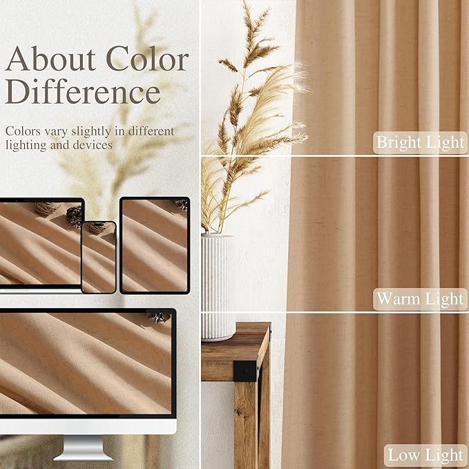 Extra Long Camel Linen Curtains 2 Panels 102 Inches Long for Living Room Back Tab Rod Pocket Light Filtering Semi Sheer Drapes Soft Cotton Textured Window Curtain 102 Inch Length for Bedroom.
