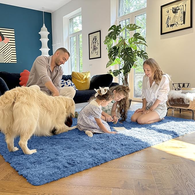 OLANLY 2x6 Machine Washable Runner Rugs for Hallway, Soft Fluffy Shaggy Bedside Rugs for Bedroom, Living Room, Indoor Floor Carpet for Kids Girls and Boys, Home Decor Aesthetic, Blue