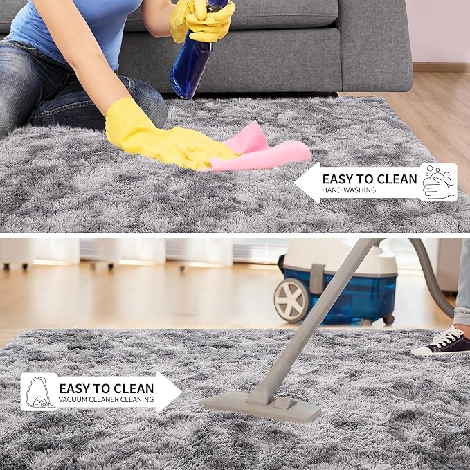 Tepook Soft Fluffy Rugs for Bedroom, 4x6 Area Rug for Living Room, Modern Shaggy Room Rug for Kids Boys Girls, Plush Throw Rugs Indoor Nursery Home Decor Rug with Non-Slip Bottom, Tie-dye Light Grey
