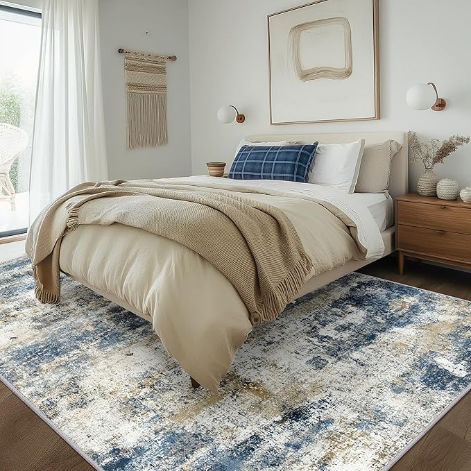 BEIMO Machine Washable Rug 5x7 Area Rugs for Living Room Bedroom, Large Navy Blue Beige Abstract Area Rug Soft Throw Rugs, Low-Pile Floor Carpet with Non Slip Rubber Backing