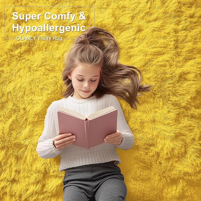 OLANLY 5x7 Machine Washable Large Area Rugs for Living Room, Bedroom, Soft Fluffy Shaggy Bedside Rug, Indoor Floor Carpet for Kids Girls and Boys, Dorms, Nursery, Home Decor Aesthetic, Yellow
