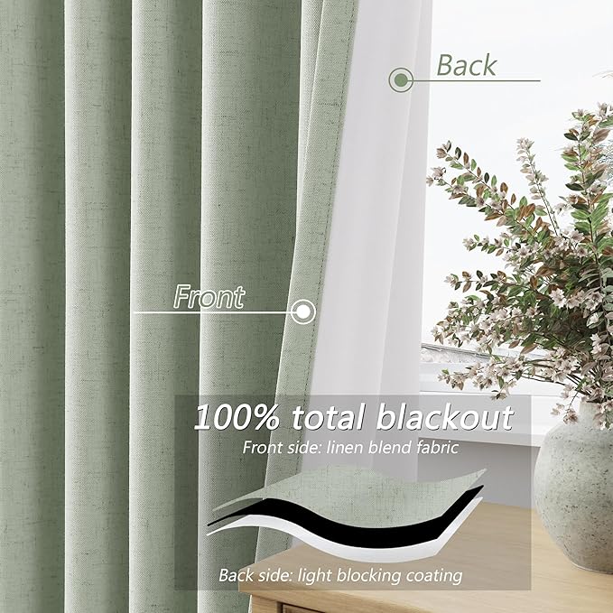 Guken Mist Sage 100% Blackout Linen Curtains 96 Inch Length 2 Panels Set for Living Room Bedroom Back Tab Thermal Insulated Black Out Drapes Room Darkening Farmhouse Style for Bedroom Window Curtains