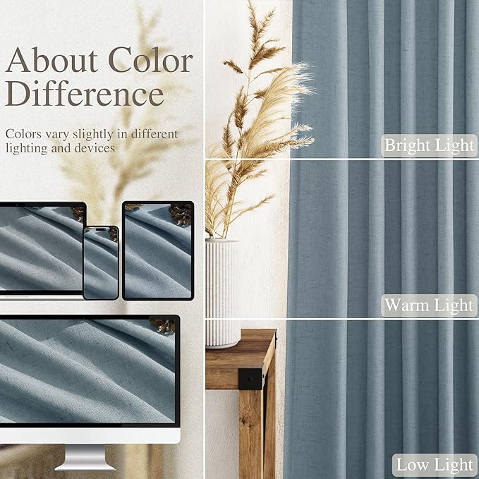Light Blue Linen Curtains 90 Inch Long 2 Panels Set for Bedroom Living Room Soft Linen Textured Window Drapes Semi Sheer Light Filtering Rod Pocket Back Tab Cotton Textured Farmhouse Curtain 52x90