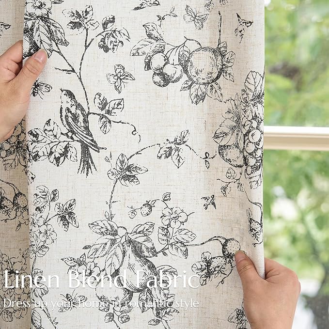 jinchan Linen Floral Curtains for Living Room 63 Inch Length Black Printed Flower Light Filtering French Country Curtain Farmhouse Cottage Core Toile Curtains Back Tab Window Drapes Set 2 Panels