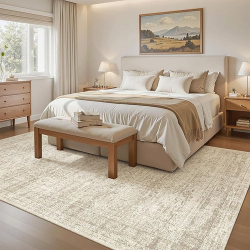 5x8 Area Rugs Beige Low Pile Indoor Washable Trendy Faded Style Rugs for Bedroom Living Room Dining Room Foldable Non-Slip Thin Print Home Office Mat