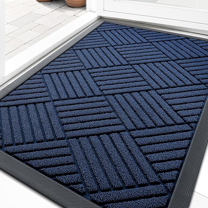 OLANLY Front Door Mat Outside Entrance 35x23, Absorbent, Heavy Duty Sturdy Natural Rubber Doormat Indoor Outdoor, Stain Fade Resistant, Non-Slip Low Profile Floor Mat for Entryway, Navy Blue Diamond