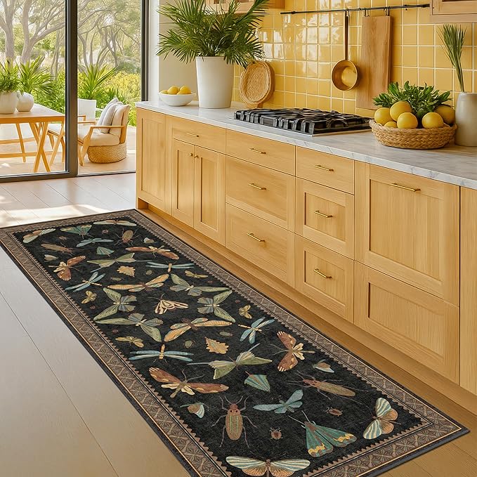 2x6 Black Entryway Runner Rugs Washable Non Slip Runners for Hallway, Kitchen, Mudroom, Laundry Room, Stain Resistant Ultra Soft Non Skid, Nature Insect Fantasy Whimsical Indoor Decor