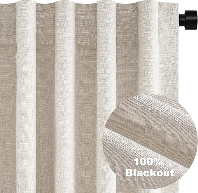 Extra Wide Total Blackout 96 Inch Curtains 70 Inches Wide for Living Room 2 Panels Ivory Cream Linen Blackout Curtain for Large Window Treatment Privacy Thermal Drapes Rod Pocket Pleated 72"W x 96"Lx2