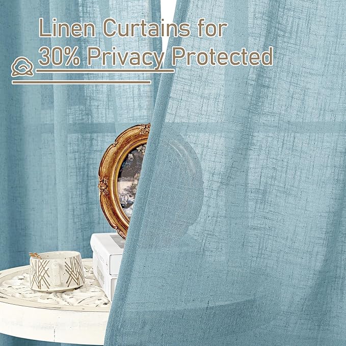 LAMIT Stone Blue Linen Curtains 90 Inch for Living Room, Back Tab and Rod Pocket Linen Textured Farmhouse Panels Light Filtering Drapes for Bedroom/Dining Room, Set of 2, 52 x 90 Inch