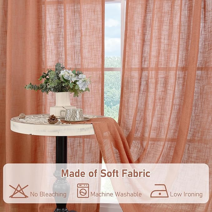 LAMIT Linen Semi Sheer Curtains 96 inches Long 2 Panels Set, Light Filtering Panels Back Tab and Rod Pocket Floor to Ceiling Curtains for Bedroom/Living Room, Terracotta, 52 x 96 Inch