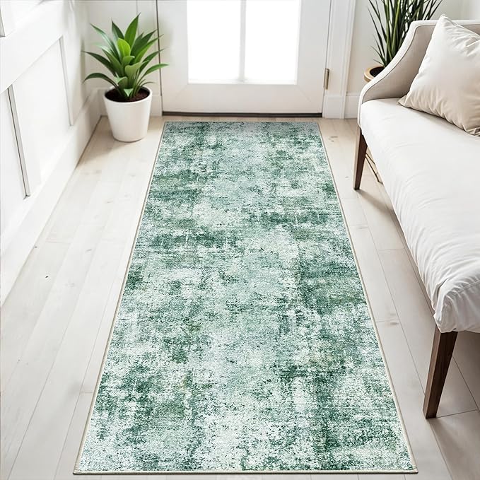 3x6 Washable Entryway Runner Rug: Non Slip Wide Hallway Runners Easy-to-Clean - Soft Living Room Bedroom Kitchen Carpet - Thin Low Pile Printed Floor Mat for Dining Room Green