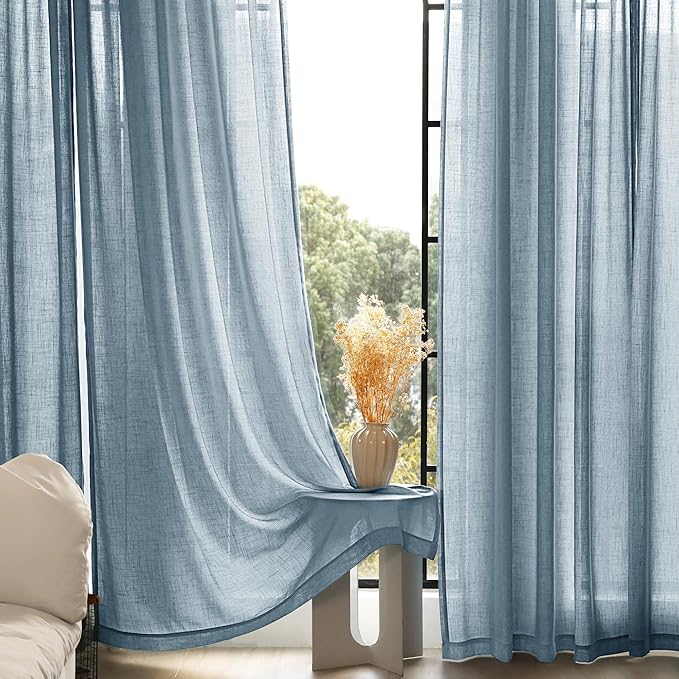 Dusty Blue Linen Curtains for Living Room Back Tab Light Filtering Semi Sheer Light Blue Bedroom Curtain Linen Cotton Textured Grey Blue Drapery Panel Airy Modern Farmhouse Aesthetic Decor 52x108 Long