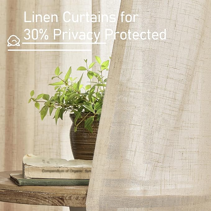 LAMIT Semi Sheer Window Linen Curtains 54 Inch Length, Light Filtering Panels Back Tab and Rod Pocket Neutral Drapes for Bedroom/Living Room, Linen, 2 Panels, 34 x 54 Inch